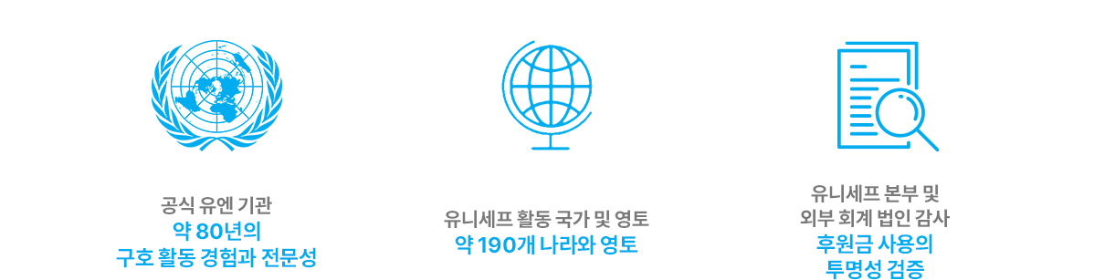 공식 유엔 기관 약 80년의 구호 활동 경험과 전문성, 유니세프 활동 국가 및 영토 약 190개 나라와 영토, 유니세프 본부 및 외부 회계 법인 감사 후원금 사용의 투명성 검증